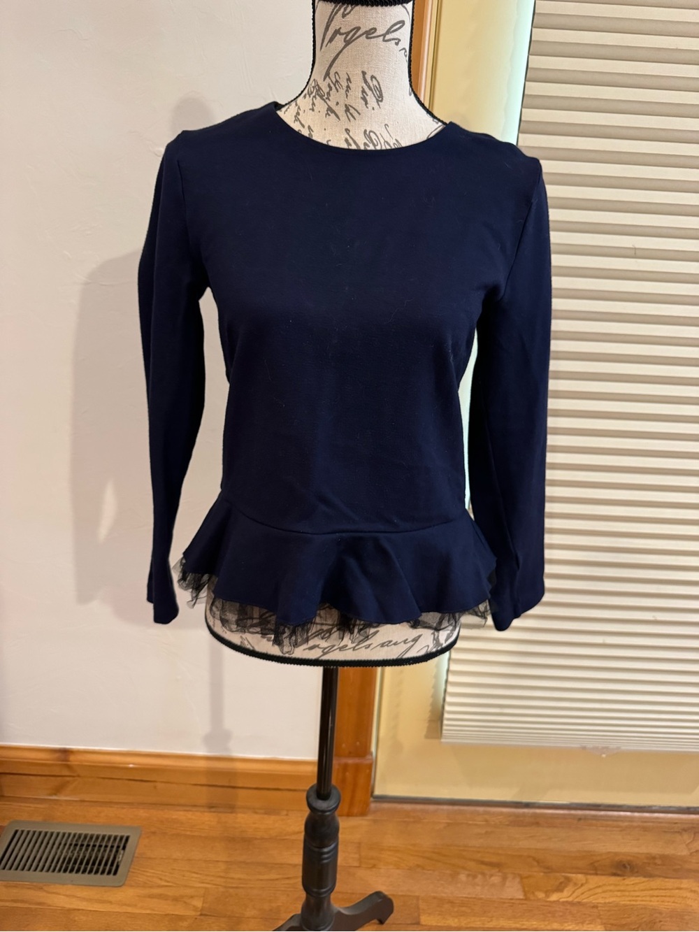 J. Crew Navy Long-Sleeve Peplum Top with Tulle Hem
